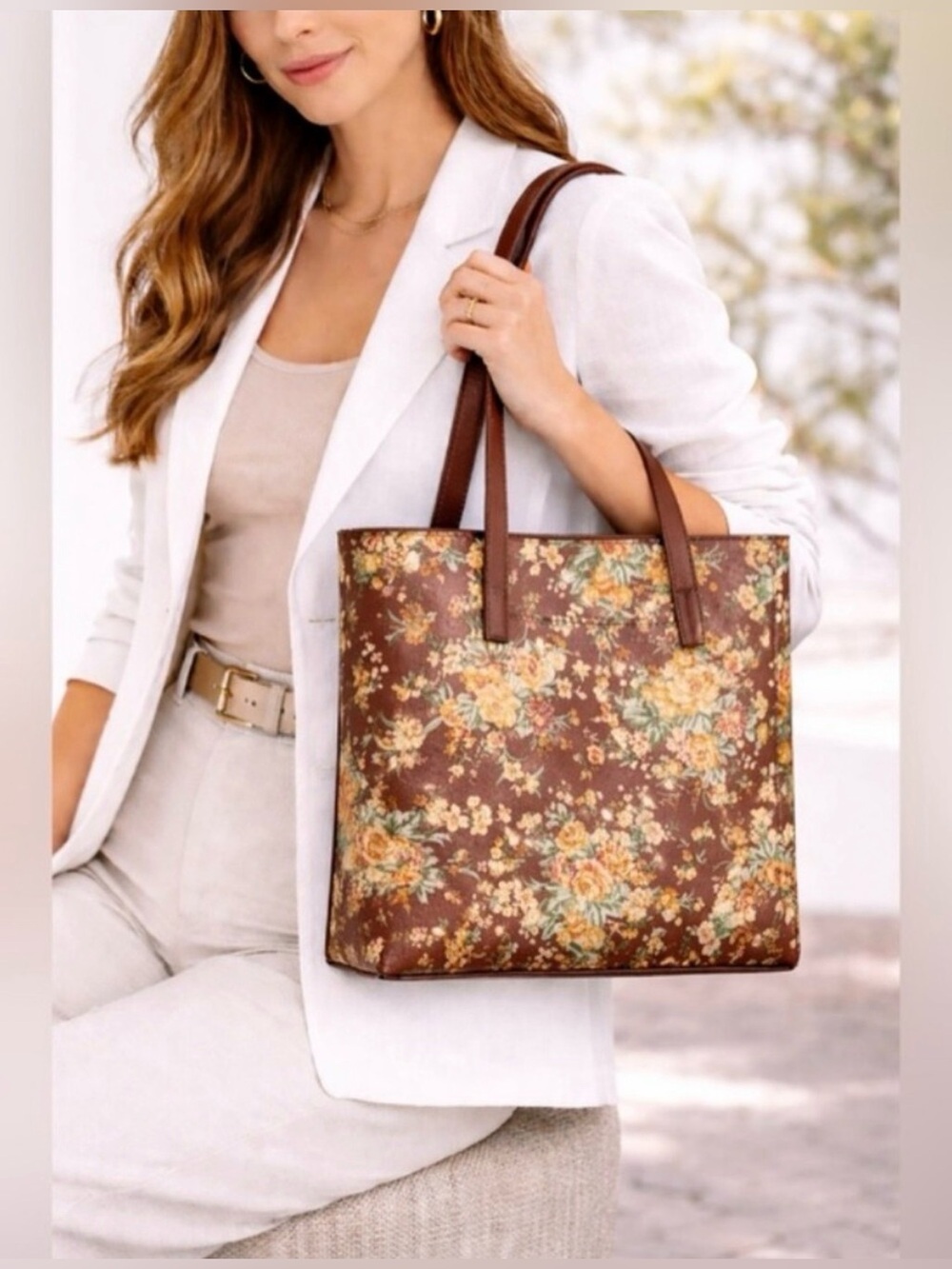 Patricia Nash Brown Floral Leather Tote with Yellow and Green Accents